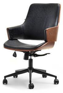 Wygodny fotel biurowy obrotowy oscar czarny tapicerowany skórą antic z drewnem orzech