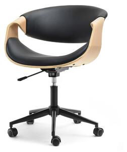 Drewniany mały fotel biurowy rapid czarny skórzany ze sklejki dąb z czarną nogą na kółkach