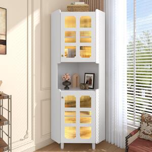 Biała, narożna szafka z MDF, pokryta lakierem, z drzwiczkami szklanymi i sterowaniem za pomocą aplikacji, o wymiarach 63,5 x 157,5 cm, idealna do salonu i innych pomieszczeń