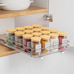 Wyciągana półka na zioła, wykonana ze stali nierdzewnej, o wymiarach 26,4 x 22,2 x 5,5 cm, przeznaczona do szafek kuchennych