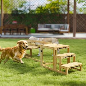 Zestaw do agility dla psów, 3-częściowy, z mostkiem, schodami i platformą, stacja treningowa z drewna jodłowego, drewno naturalne | 117 x 50 x 56 cm | do 40 kg | dla dużych psów