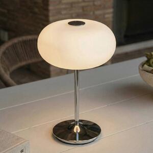 Lampa stołowa LED Lucande Anoria z akumulatorem, chrom/biała, szkło, IP44, USB Lucande, możliwość ściemniania, chromowy / srebrny, salon / jadalnia, szkło, design