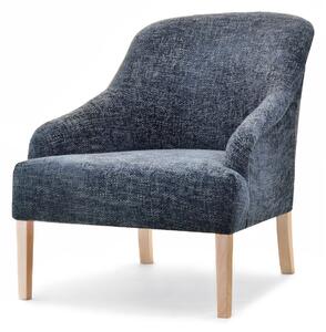 Duży pleciony fotel do salonu rosen szary błękit tapicerowany na nodze z drewna