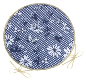 Bellatex Siedzisko DITA okrągłe gładkie Kratka z kwiatem niebieski, 40 cm