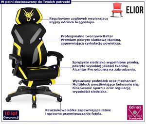 Czarno-żółty fotel gamingowy z podnóżkiem - Olfi