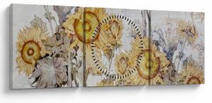 Obraz - Słoneczniki na ścianie (z zegarem) (90x30 cm)