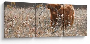 Obraz - Szkocka krowa w kwiatach (z zegarem) (90x30 cm)