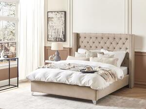 Welurowe łóżko 160 x 200 cm beżowe z listwami pikowane do sypialni Lubbon Beliani