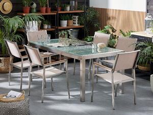 Zestaw ogrodowy stół szklany tłuczony blat 180x90cm 6 krzeseł beżowych Grosseto Beliani