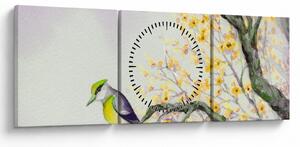 Obraz - Akwarelowy ptaszek na drzewie (z zegarem) (90x30 cm)