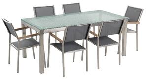 Zestaw ogrodowy stół szklany tłuczony blat 180x90cm 6 krzeseł szarych Grosseto Beliani