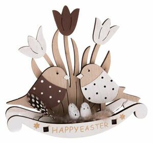 Drewniana dekoracja wiosenna z ptaszkami Happy Easter, 15 x 14 x 4,5 cm