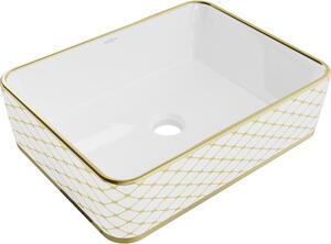 Mexen Catia umywalka nablatowa 48 x 37 cm, biała/złota wzór kratka - 21314809