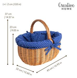 Kosz Piknikowy Wiklinowy | CREATIVE HOME | z Granatowym Obszyciem 43x32x37cm | Naturalny Brąz