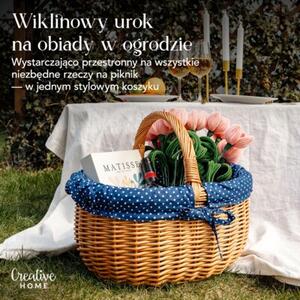 Kosz Piknikowy Wiklinowy | CREATIVE HOME | z Granatowym Obszyciem 43x32x37cm | Naturalny Brąz