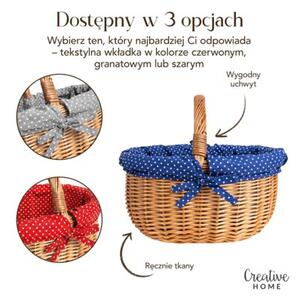 Kosz Piknikowy Wiklinowy | CREATIVE HOME | z Granatowym Obszyciem 43x32x37cm | Naturalny Brąz