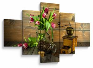 Obraz - tulipany, młynek i kawa (125x70 cm)