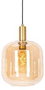 Designerska lampa wisząca czarna z mosiądzem i bursztynowym szkłem - Zuzanna