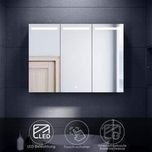 SONNI szafka azienkowa z lustrem ze stali nierdzewnej z owietleniem LED i gniazdem golarki 90x65x13cm 3-drzwiowy przecznik dotykowy