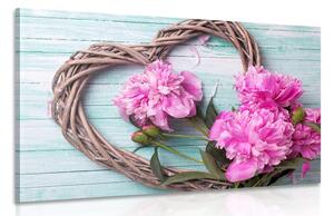 Obraz peonie na drewnianym sercu