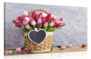 Obraz czerwone tulipany w drewnianym koszu