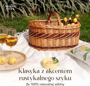 Kosz Piknikowy Wiklinowy | CREATIVE HOME | z Uchwytem i Oplotem 52x35x36cm | Naturalny Brąz