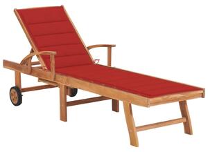Leżak z czerwoną poduszką, lite drewno tekowe