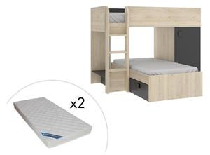 Dwustronne łóżko piętrowe RICARDO - 2 x 90 x 190 cm - Wbudowane schowki - Kolor dębowy i antracytowy + materac