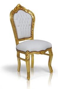 Stylowe, dekoracyjne krzesło z serii Kair, złota, drewniana rama, obicie biała, ekologiczna skóra