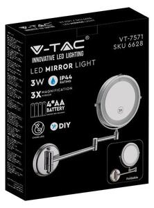 Lustro Ścienne V-TAC 3W LED Łazienka Makijaż 4xAAA Fi.17CM Chrom VT-7571 6400K 30lm