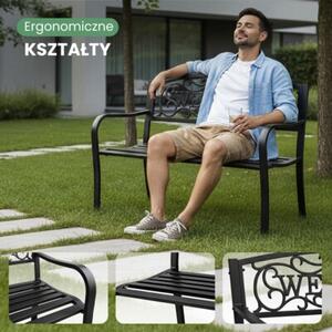 Czarna ławka ogrodowa IRYS ze stalowymi nogami i żeliwnym oparciem szerokość 127 cm