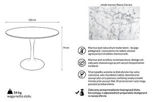 Stół Tulip Marble 120 Carrara Biały - Blat Okrągły Marmurowy, Metal