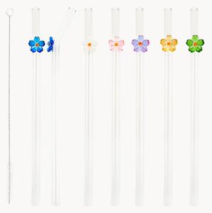 Komplet'słomek ze szkła borokrzemowego z szczotką Flowers, 7 elem