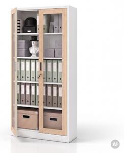 Witryna przeszklona metalowa wysoka z zamkiem biała/dąb sonoma, 900x1850x400 mm: AMELIA Eco Design