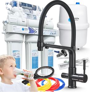 3-drogowa bateria kuchenna Flexible z systemem filtracji wody RO7 (odwrócona osmoza), 7-stopniowa filtracja, membrana 75 GPD, wycigana wylewka, dwa rodzaje strumienia