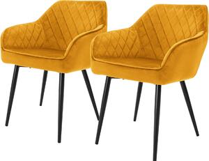 ML-Design zestaw 2 krzeseł do jadalni z podłokietnikami i oparciem, musztardowy żółty, krzesło kuchenne z aksamitnym obiciem, tapicerowane krzesło z metalowymi nogami