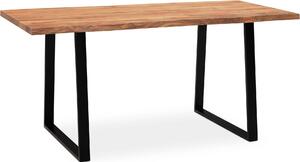 WOHNLING Stół do jadalni 180x90x76 cm z litego drewna akacjowego / metalowy stół do jadalni z naturalną krawędzią blatu, stół kuchenny z litego drewna z trapezowymi nogami w kolorze czarnym, stół drewniany