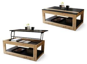 LUSSO Czarny Mat/Dąb Artisan - NOWOCZESNA ŁAWA STOLIK Z PODNOSZONYM BLATEM + SCHOWKIEM + PÓŁKĄ (NA KÓŁKACH!)