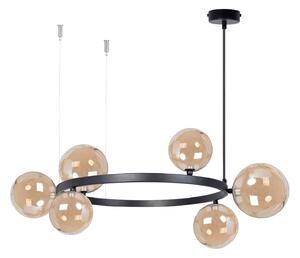Bolero 72 -lampa wisząca do salonu nad okrągły stolik, czarna obręcz, sześć bursztynowych kloszy domodes