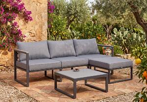 Zestaw mebli wypoczynkowych ( 3 - osobowa sofa, pufa +stolik) MOSTRARE szare aluminium, szare poduchy