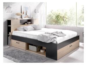 Łóżko LEANDRE z zagłówkiem, skrzyniami i szufladami - 160x200 cm - Kolor: naturaly i antracyt - LEANDRE