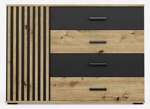 Komoda BLACK 06 z 4 szufladami w kolorze dąb artisan czarny z lamelami do salonu sypialni do każdego pomieszczenia