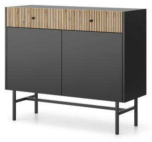 Komoda czarny mat, lamele Diva z 2 szufladami i 2 szafkami (2D2SZ) 104 cm, salon, przedpokój