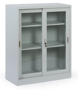 Metalowa szafka z półkami i szklanymi przesuwanymi drzwiami, zdemontowana, 900 x 1150 x 400 mm