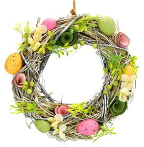 Wielkanocny wieniec wiklinowy z jajkami i kwiatami, Lorato, śr. 30 cm