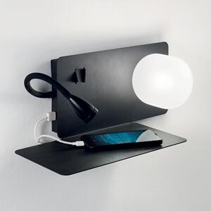 Czarna lampa ścienna z półką szklany klosz kula i giętkie ramię port USB i dwa włączniki Ideal Lux 174808