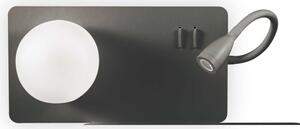 Czarna lampa ścienna z półką szklany klosz kula i giętkie ramię port USB i dwa włączniki Ideal Lux 174846