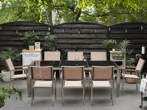 Zestaw ogrodowy czarny granit polerowany 220x100 cm 8 krzeseł beżowych Grosseto Beliani