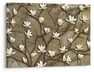 Obraz - Białe magnolie na murze kamiennym (70x50 cm)