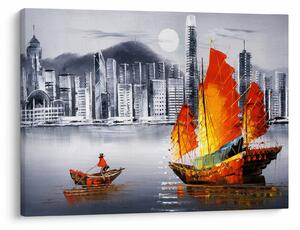 Obraz - Victoria Harbor, Hongkong, czarno-biały obraz olejny (70x50 cm)